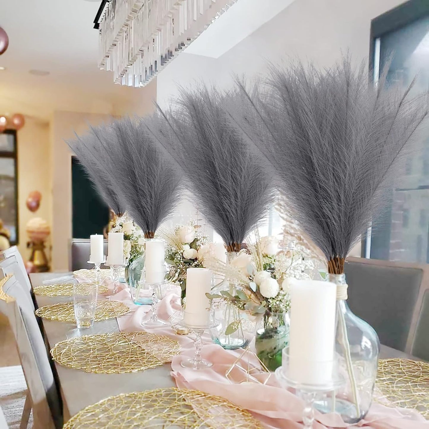 obbsie 50PCS Faux Pampas Grass, 21.6" Short Artificial Pompous Grass Floral Fake Pompas Grass Branches Vase Filler Flower Arrangement for Home Wedding Boho Decor, Beige