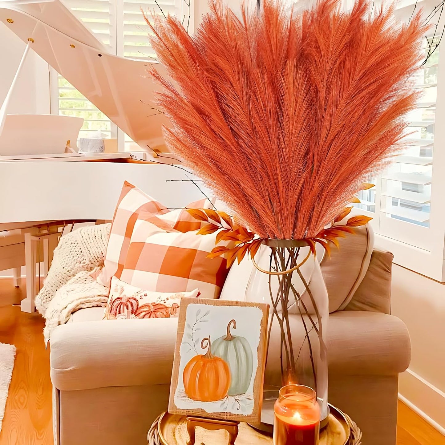 obbsie 50PCS Faux Pampas Grass, 21.6" Short Artificial Pompous Grass Floral Fake Pompas Grass Branches Vase Filler Flower Arrangement for Home Wedding Boho Decor, Beige
