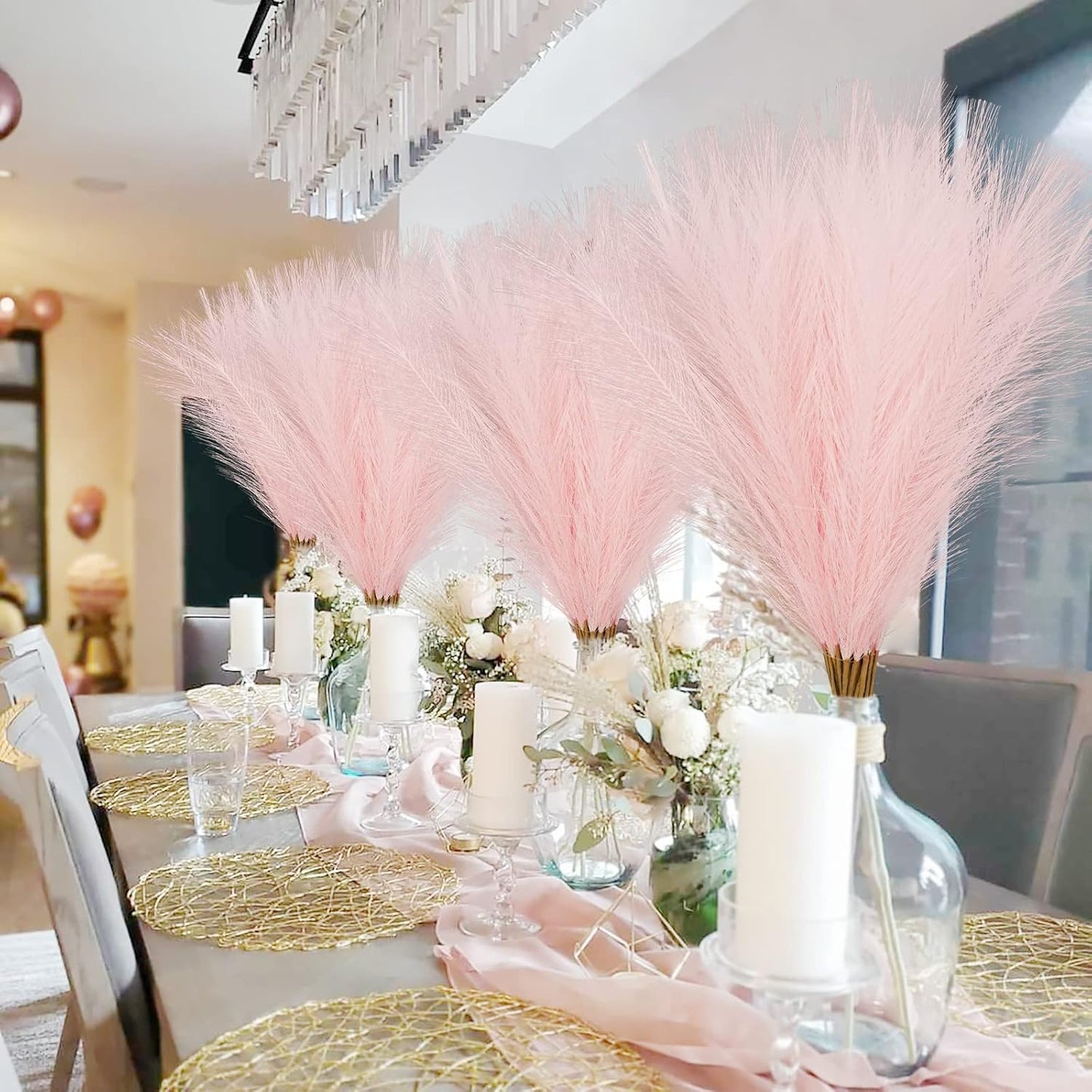 obbsie 50PCS Faux Pampas Grass, 21.6" Short Artificial Pompous Grass Floral Fake Pompas Grass Branches Vase Filler Flower Arrangement for Home Wedding Boho Decor, Beige