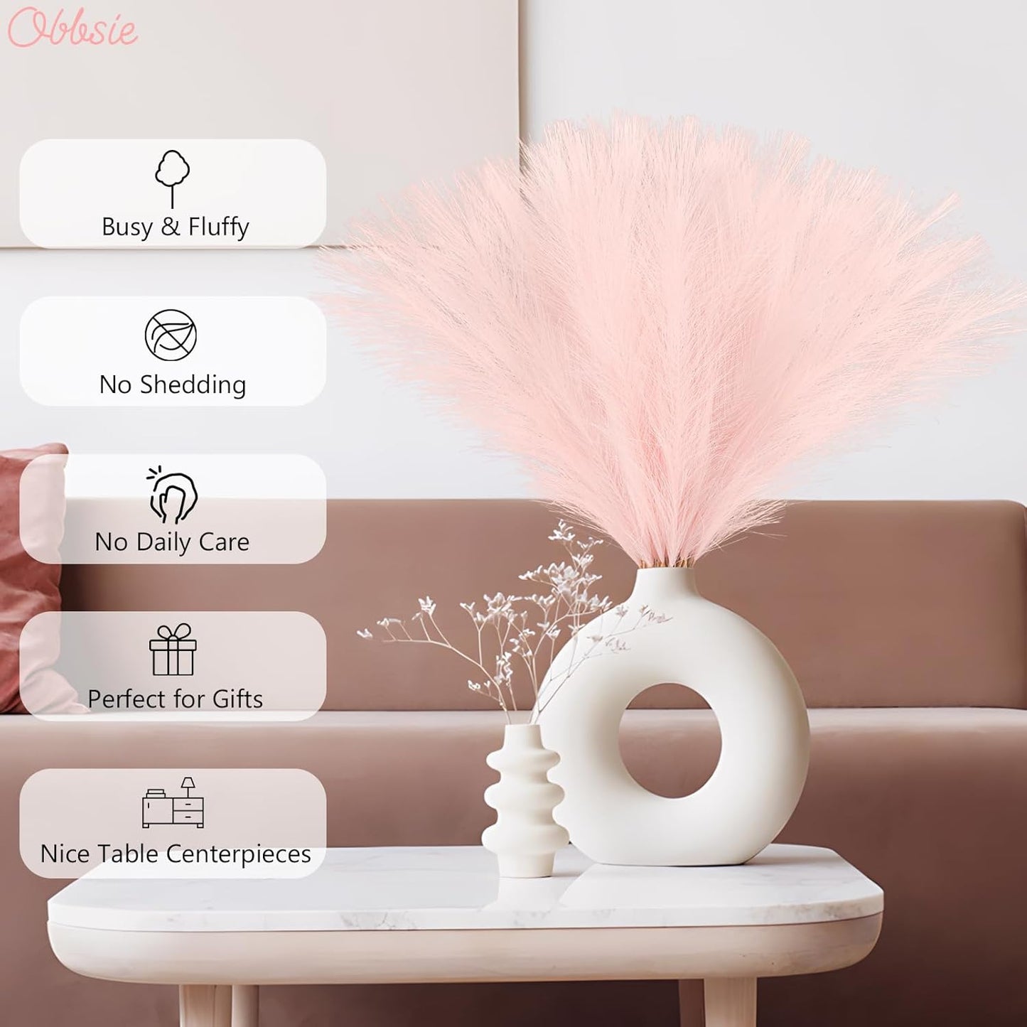 obbsie 50PCS Faux Pampas Grass, 21.6" Short Artificial Pompous Grass Floral Fake Pompas Grass Branches Vase Filler Flower Arrangement for Home Wedding Boho Decor, Beige