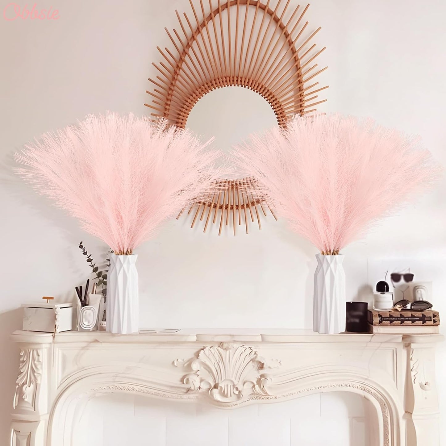 obbsie 50PCS Faux Pampas Grass, 21.6" Short Artificial Pompous Grass Floral Fake Pompas Grass Branches Vase Filler Flower Arrangement for Home Wedding Boho Decor, Beige
