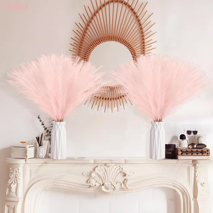 obbsie 50PCS Faux Pampas Grass, 21.6" Short Artificial Pompous Grass Floral Fake Pompas Grass Branches Vase Filler Flower Arrangement for Home Wedding Boho Decor, Beige