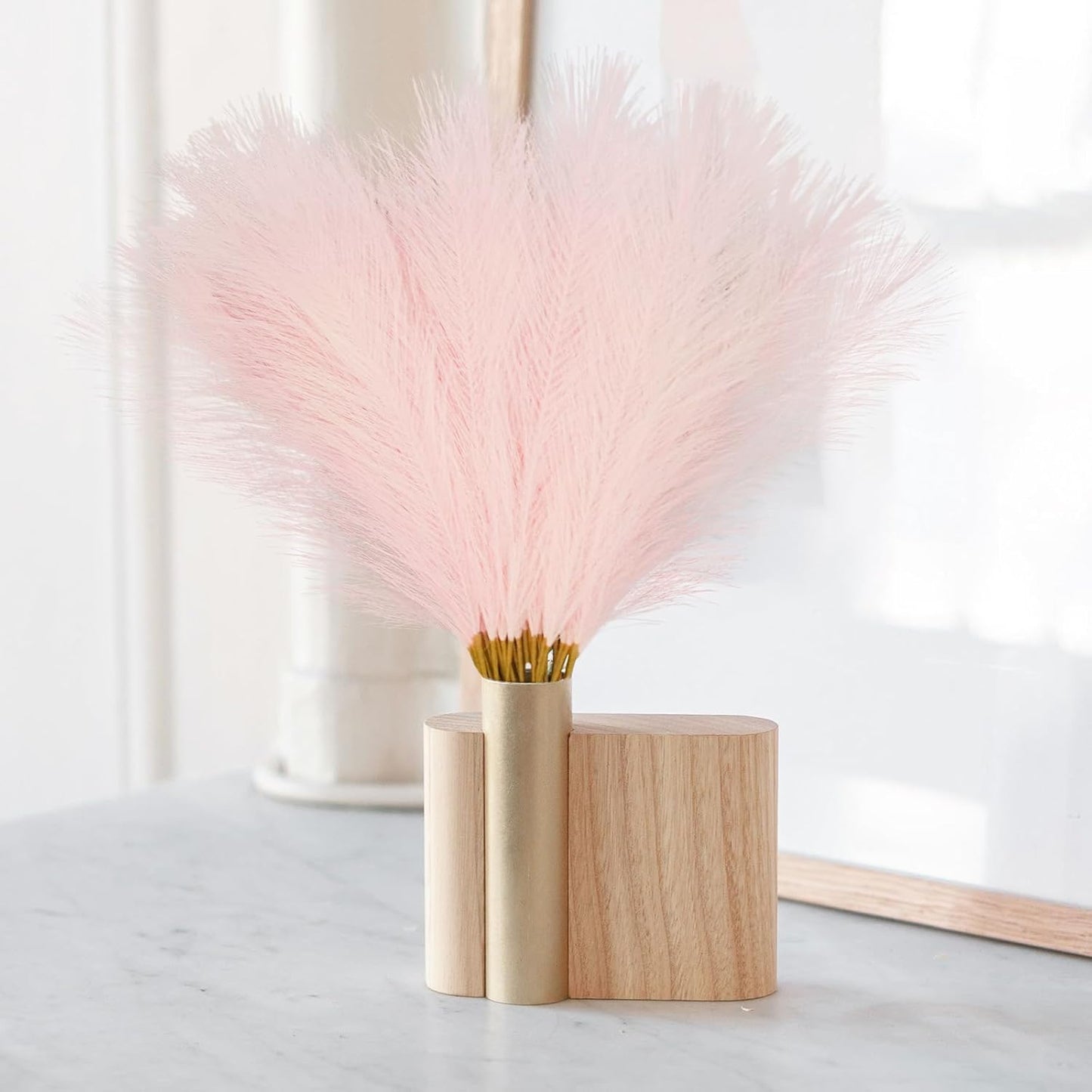 obbsie 50PCS Faux Pampas Grass, 21.6" Short Artificial Pompous Grass Floral Fake Pompas Grass Branches Vase Filler Flower Arrangement for Home Wedding Boho Decor, Beige