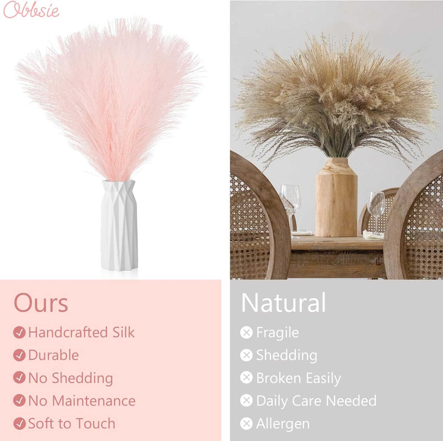 obbsie 50PCS Faux Pampas Grass, 21.6" Short Artificial Pompous Grass Floral Fake Pompas Grass Branches Vase Filler Flower Arrangement for Home Wedding Boho Decor, Beige