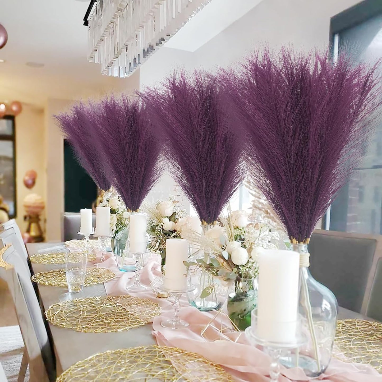 obbsie 50PCS Faux Pampas Grass, 21.6" Short Artificial Pompous Grass Floral Fake Pompas Grass Branches Vase Filler Flower Arrangement for Home Wedding Boho Decor, Beige