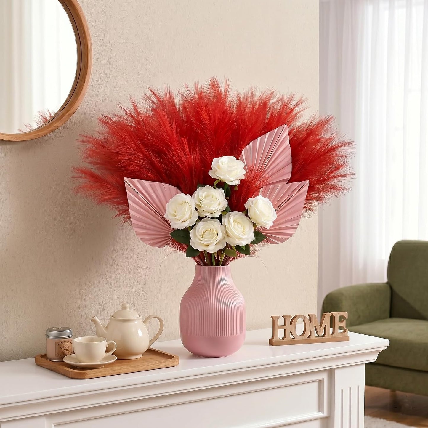 obbsie 50PCS Faux Pampas Grass, 21.6" Short Artificial Pompous Grass Floral Fake Pompas Grass Branches Vase Filler Flower Arrangement for Home Wedding Boho Decor, Beige