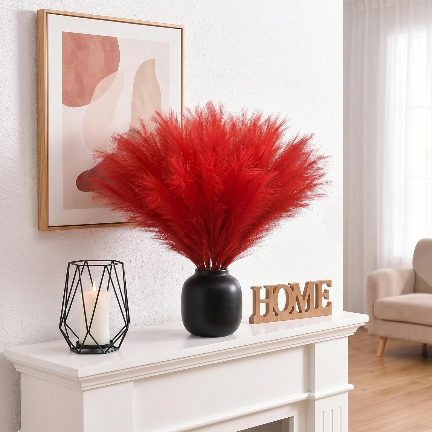 obbsie 50PCS Faux Pampas Grass, 21.6" Short Artificial Pompous Grass Floral Fake Pompas Grass Branches Vase Filler Flower Arrangement for Home Wedding Boho Decor, Beige