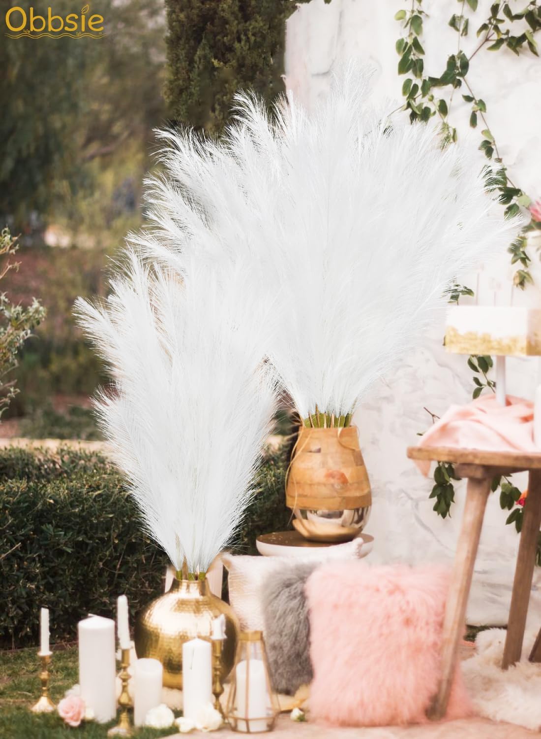obbsie 50PCS Faux Pampas Grass, 21.6" Short Artificial Pompous Grass Floral Fake Pompas Grass Branches Vase Filler Flower Arrangement for Home Wedding Boho Decor, Beige