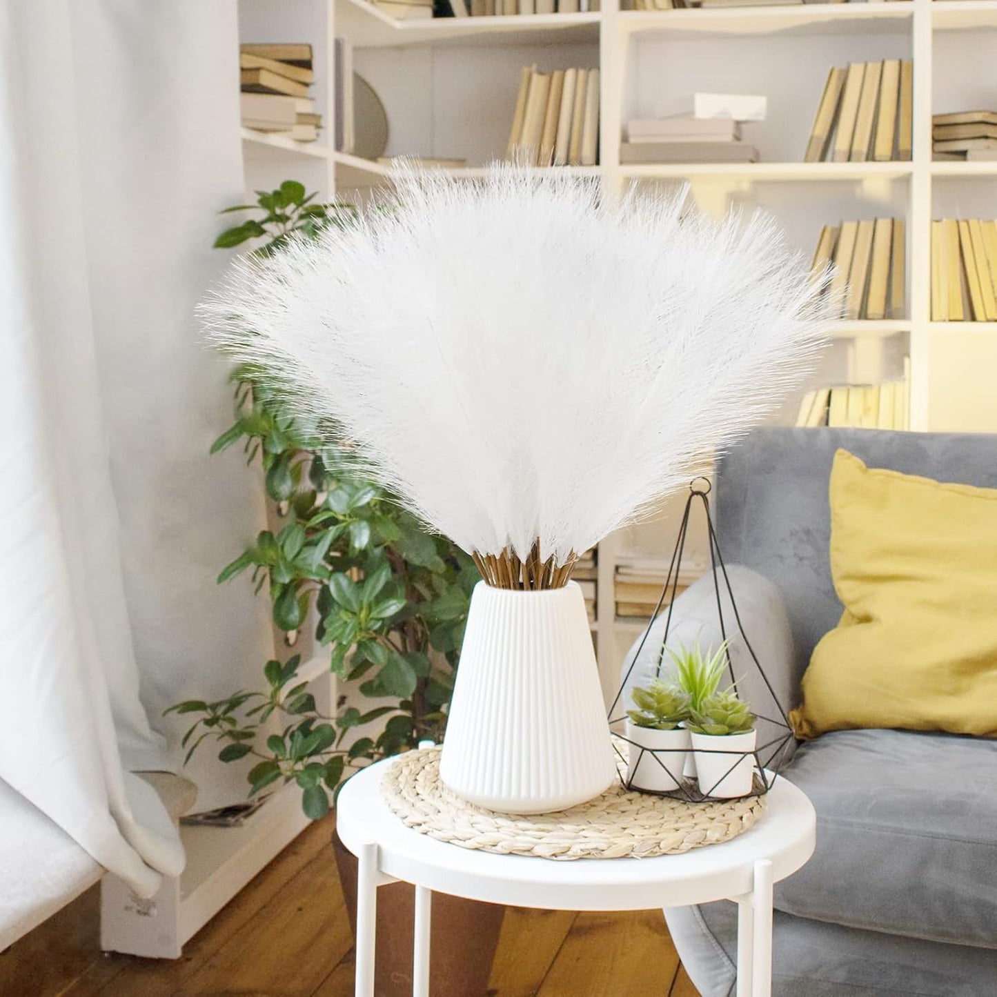 obbsie 50PCS Faux Pampas Grass, 21.6" Short Artificial Pompous Grass Floral Fake Pompas Grass Branches Vase Filler Flower Arrangement for Home Wedding Boho Decor, Beige
