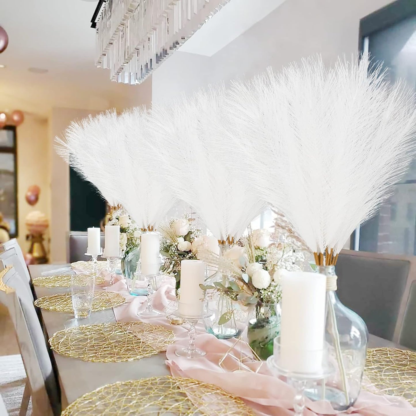 obbsie 50PCS Faux Pampas Grass, 21.6" Short Artificial Pompous Grass Floral Fake Pompas Grass Branches Vase Filler Flower Arrangement for Home Wedding Boho Decor, Beige