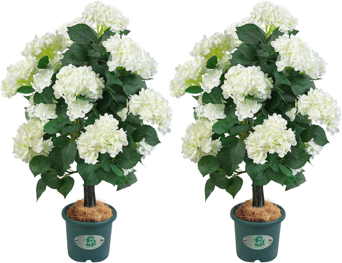 31" Artificial Hydrangea Tree in Pot, Faux Hydrangea Topiary Plant, UV Resistant Indoor Outdoor Potted Flower Tree for Front Porch, Patio, Entryway, Living Room Decor (2, White)