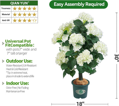 31" Artificial Hydrangea Tree in Pot, Faux Hydrangea Topiary Plant, UV Resistant Indoor Outdoor Potted Flower Tree for Front Porch, Patio, Entryway, Living Room Decor (2, White)