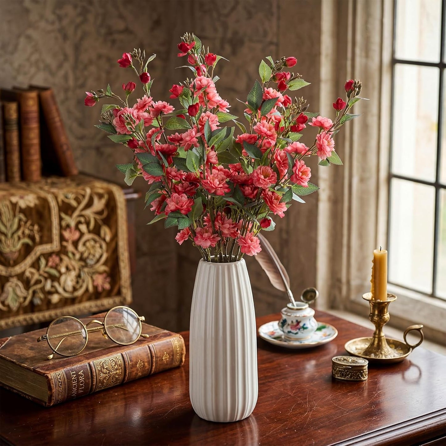 8 Pcs Artificial Camellia Flower Bouquet for Vase Table Decor Silk Flowers for Home DIY Party Mother Day Wedding Centerpieces Indoor Outdoor Arrangements, Vase Not Included(Rose Pink)