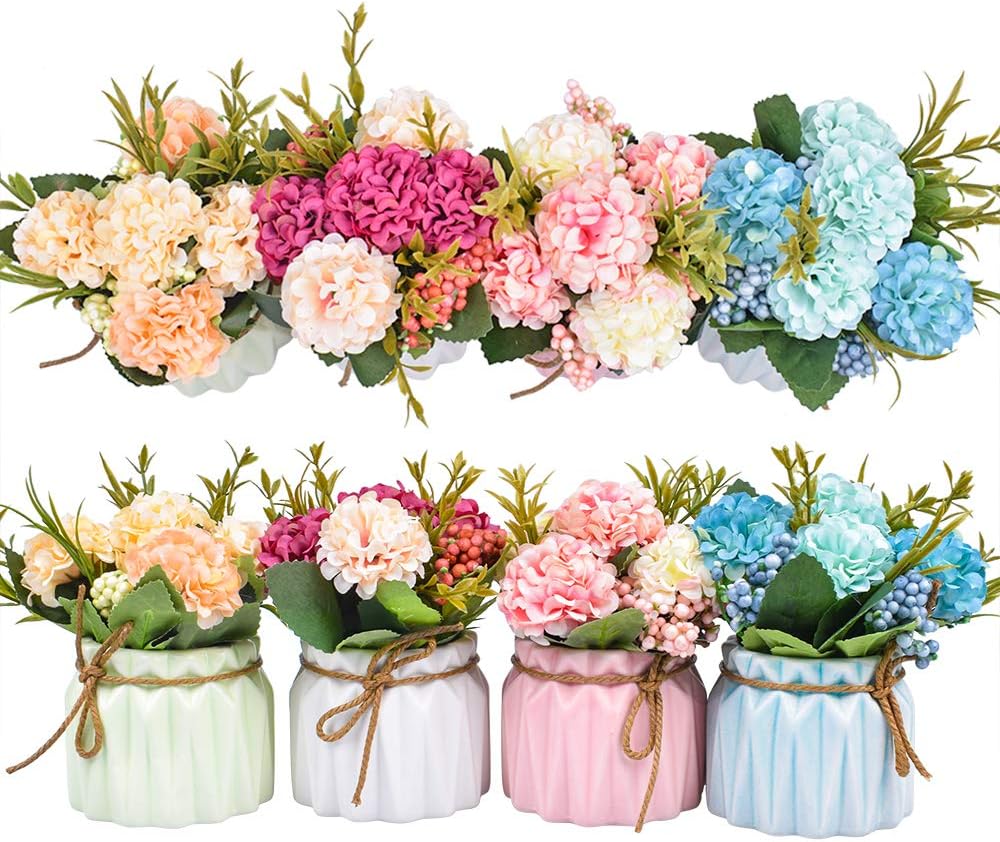 Artificial Flower Plants – Mini Fake Hydrangea Flowers in Pot for Home Decor Party Wedding Office Patio Table Desk Decoration, Set of 4, Size: 3.3''(Diameter) x 5.5''(Tall)