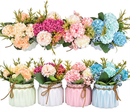 Artificial Flower Plants – Mini Fake Hydrangea Flowers in Pot for Home Decor Party Wedding Office Patio Table Desk Decoration, Set of 4, Size: 3.3''(Diameter) x 5.5''(Tall)