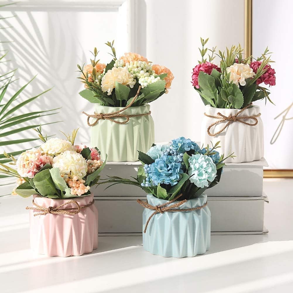 Artificial Flower Plants – Mini Fake Hydrangea Flowers in Pot for Home Decor Party Wedding Office Patio Table Desk Decoration, Set of 4, Size: 3.3''(Diameter) x 5.5''(Tall)