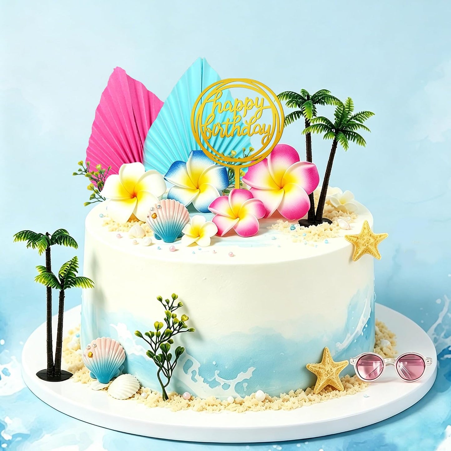 Summer Flower Cake Toppers Hawaiian Beach Cake Decorations with Coconut Trees Starfish Artificial Plumeria Flowers for Tropical Hawaiian Aloha Themed Supplies
