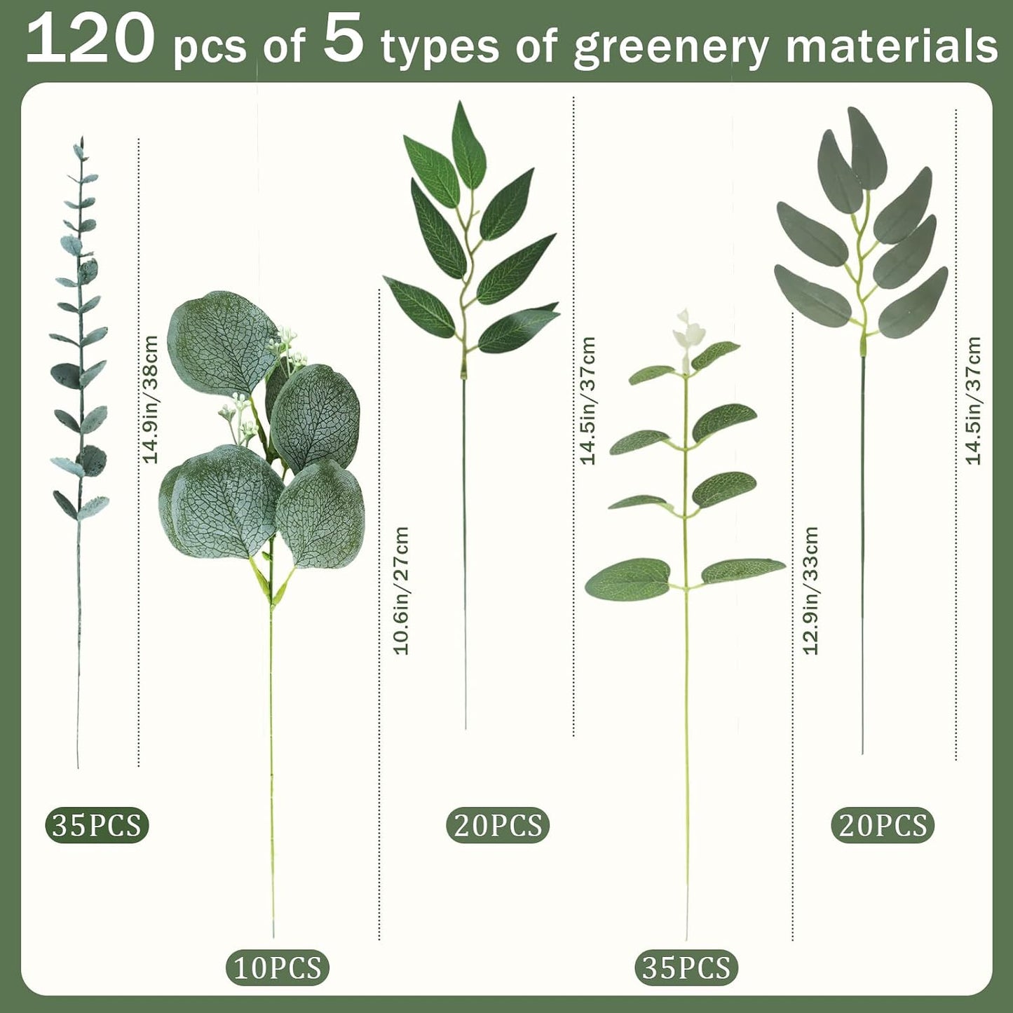 120 Pcs 5 Kinds Mixed Artificial Eucalyptus Stems Bulk Silver Dollar Eucalyptus Leaves Bundle Faux Plants Greenery for DIY Bouquets Floral Arrangement Wedding