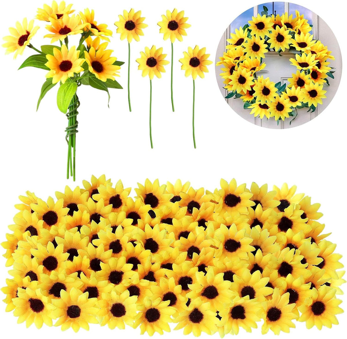 50pcs Artificial Sunflower Heads with Stems, 1.5 in Fake Sunflower