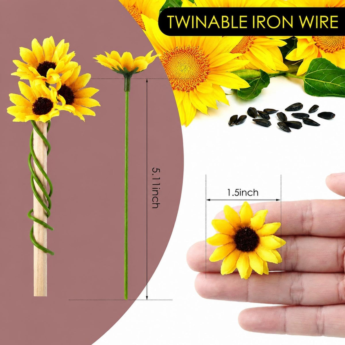 50pcs Artificial Sunflower Heads with Stems, 1.5 in Fake Sunflower