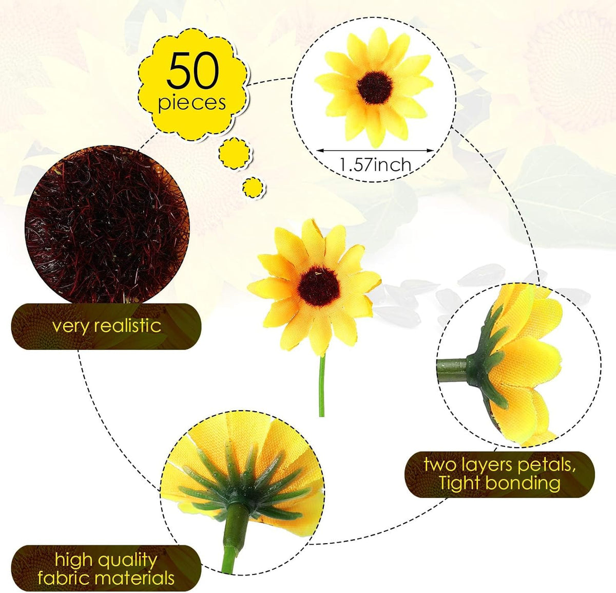 50pcs Artificial Sunflower Heads with Stems, 1.5 in Fake Sunflower