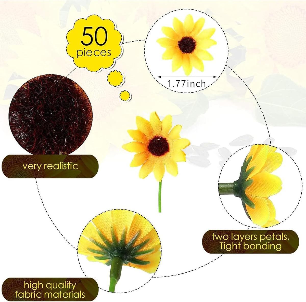 50pcs Artificial Sunflower Heads with Stems, 1.5 in Fake Sunflower