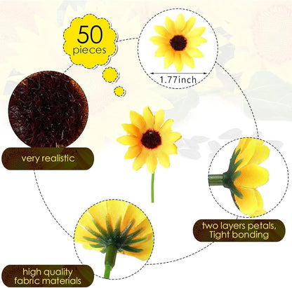 50pcs Artificial Sunflower Heads with Stems, 1.5 in Fake Sunflower