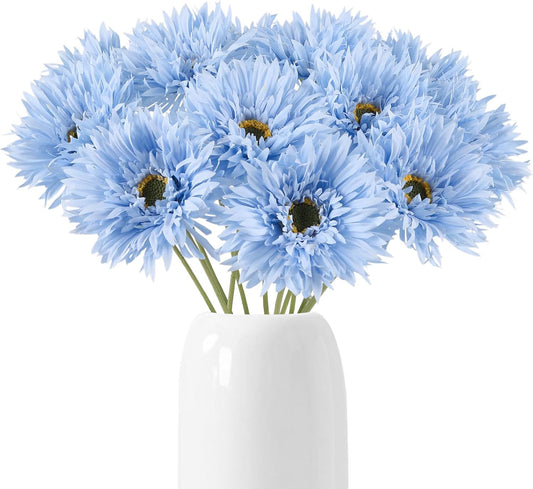 Gerbera Daisy Artificial Flowers 12pcs Faux Daisies Blue Silk Flowers with Stems for Vase Table Centerpiece Home Wedding Party Garden Decoration(Blue)
