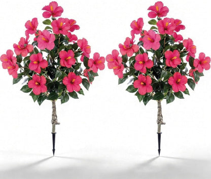 2 Pack 36" Artificial Hibiscus Tree Plants 3ft Faux Hibiscus Flowers with Spike UV Resistant Fake Floral Blooming Bush for Indoor Outdoor Front Door Porch Backyard Garden(Red)