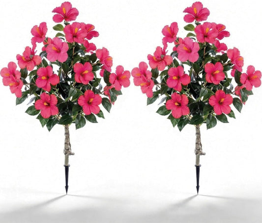 2 Pack 36" Artificial Hibiscus Tree Plants 3ft Faux Hibiscus Flowers with Spike UV Resistant Fake Floral Blooming Bush for Indoor Outdoor Front Door Porch Backyard Garden(Red)
