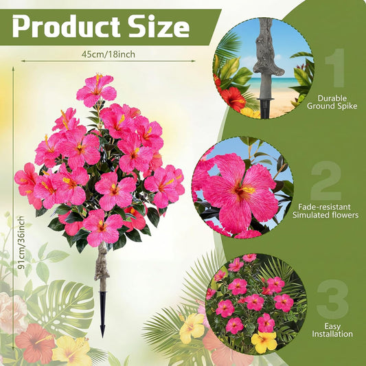 2 Pack 36" Artificial Hibiscus Tree Plants 3ft Faux Hibiscus Flowers with Spike UV Resistant Fake Floral Blooming Bush for Indoor Outdoor Front Door Porch Backyard Garden(Red)