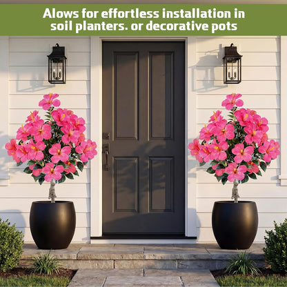 2 Pack 36" Artificial Hibiscus Tree Plants 3ft Faux Hibiscus Flowers with Spike UV Resistant Fake Floral Blooming Bush for Indoor Outdoor Front Door Porch Backyard Garden(Red)