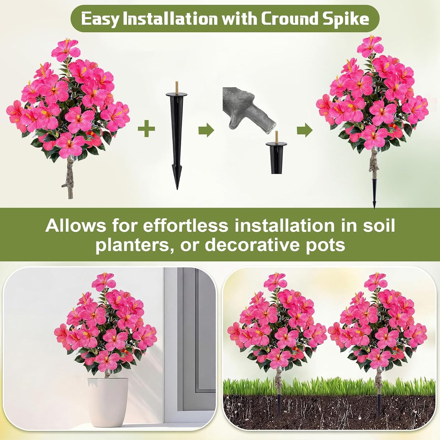 2 Pack 36" Artificial Hibiscus Tree Plants 3ft Faux Hibiscus Flowers with Spike UV Resistant Fake Floral Blooming Bush for Indoor Outdoor Front Door Porch Backyard Garden(Red)