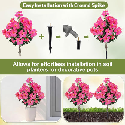 2 Pack 36" Artificial Hibiscus Tree Plants 3ft Faux Hibiscus Flowers with Spike UV Resistant Fake Floral Blooming Bush for Indoor Outdoor Front Door Porch Backyard Garden(Red)