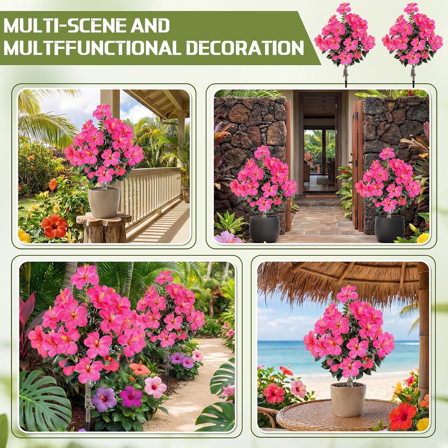 2 Pack 36" Artificial Hibiscus Tree Plants 3ft Faux Hibiscus Flowers with Spike UV Resistant Fake Floral Blooming Bush for Indoor Outdoor Front Door Porch Backyard Garden(Red)
