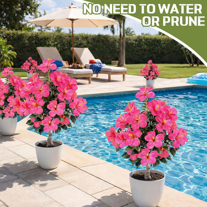 2 Pack 36" Artificial Hibiscus Tree Plants 3ft Faux Hibiscus Flowers with Spike UV Resistant Fake Floral Blooming Bush for Indoor Outdoor Front Door Porch Backyard Garden(Red)