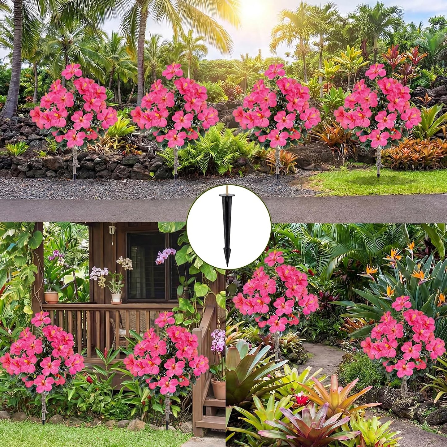 2 Pack 36" Artificial Hibiscus Tree Plants 3ft Faux Hibiscus Flowers with Spike UV Resistant Fake Floral Blooming Bush for Indoor Outdoor Front Door Porch Backyard Garden(Red)