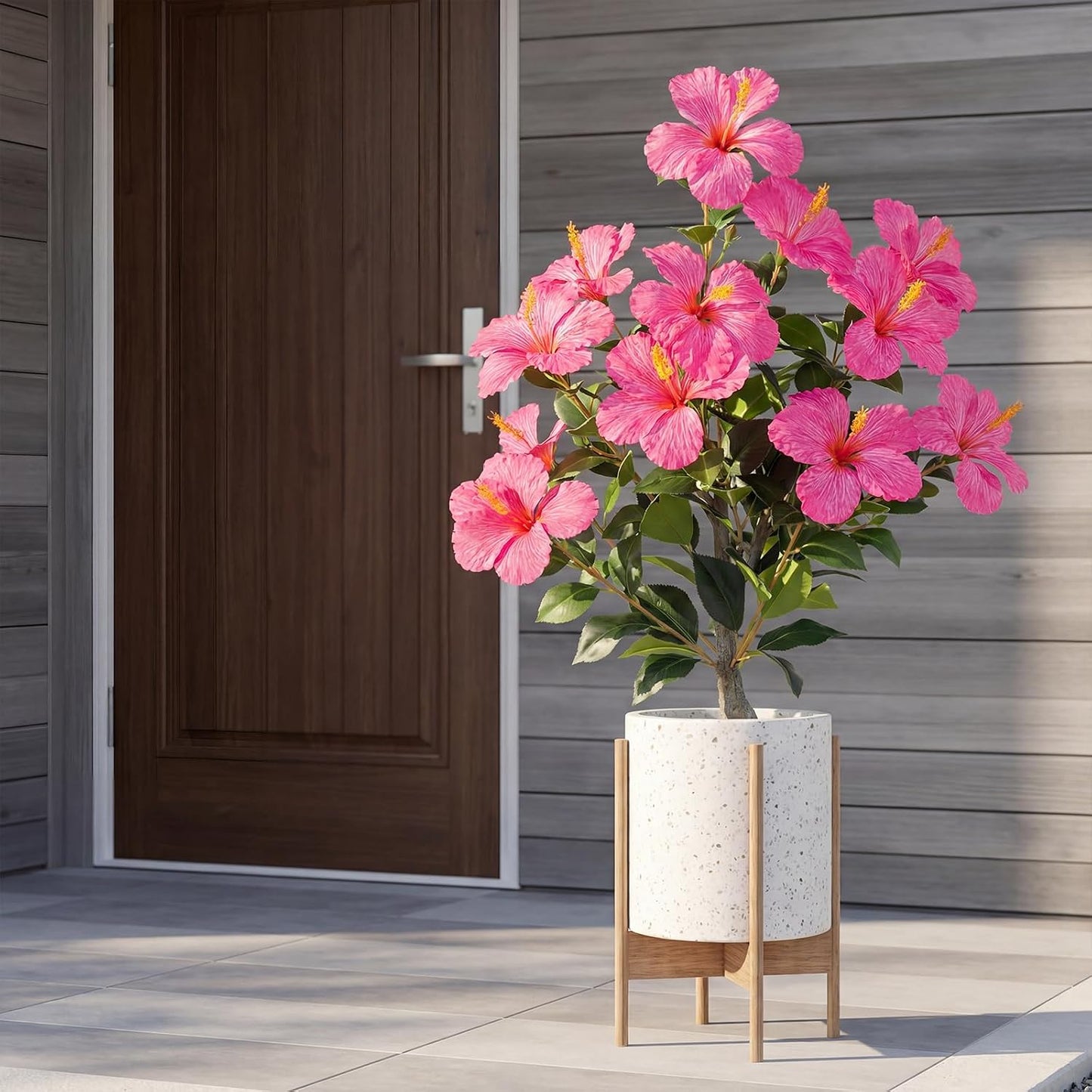2 Pack 36" Artificial Hibiscus Tree Plants 3ft Faux Hibiscus Flowers with Spike UV Resistant Fake Floral Blooming Bush for Indoor Outdoor Front Door Porch Backyard Garden(Red)