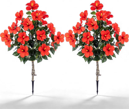 2 Pack 36" Artificial Hibiscus Tree Plants 3ft Faux Hibiscus Flowers with Spike UV Resistant Fake Floral Blooming Bush for Indoor Outdoor Front Door Porch Backyard Garden(Red)