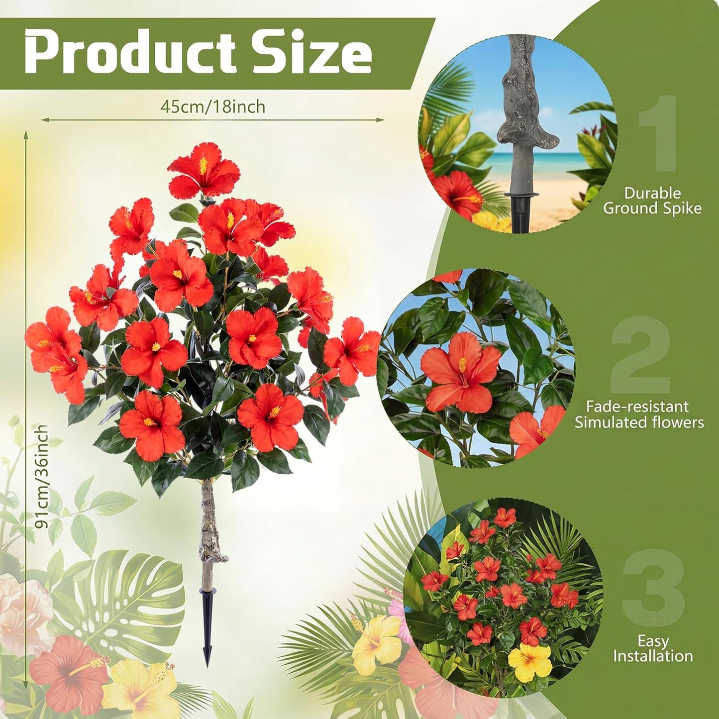 2 Pack 36" Artificial Hibiscus Tree Plants 3ft Faux Hibiscus Flowers with Spike UV Resistant Fake Floral Blooming Bush for Indoor Outdoor Front Door Porch Backyard Garden(Red)