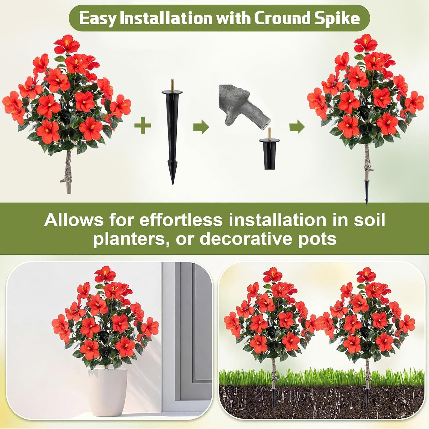 2 Pack 36" Artificial Hibiscus Tree Plants 3ft Faux Hibiscus Flowers with Spike UV Resistant Fake Floral Blooming Bush for Indoor Outdoor Front Door Porch Backyard Garden(Red)
