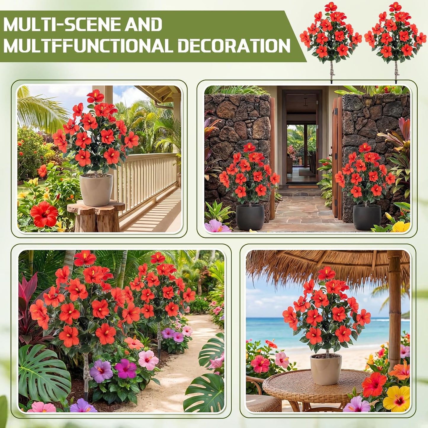 2 Pack 36" Artificial Hibiscus Tree Plants 3ft Faux Hibiscus Flowers with Spike UV Resistant Fake Floral Blooming Bush for Indoor Outdoor Front Door Porch Backyard Garden(Red)