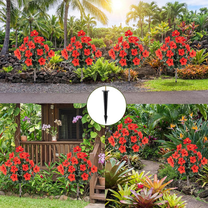 2 Pack 36" Artificial Hibiscus Tree Plants 3ft Faux Hibiscus Flowers with Spike UV Resistant Fake Floral Blooming Bush for Indoor Outdoor Front Door Porch Backyard Garden(Red)