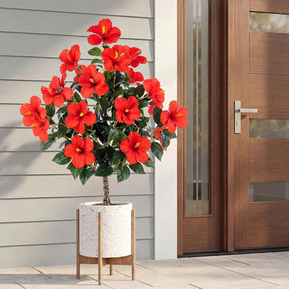 2 Pack 36" Artificial Hibiscus Tree Plants 3ft Faux Hibiscus Flowers with Spike UV Resistant Fake Floral Blooming Bush for Indoor Outdoor Front Door Porch Backyard Garden(Red)