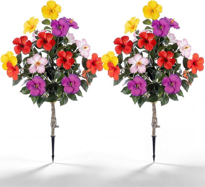 2 Pack 36" Artificial Hibiscus Tree Plants 3ft Faux Hibiscus Flowers with Spike UV Resistant Fake Floral Blooming Bush for Indoor Outdoor Front Door Porch Backyard Garden(Red)