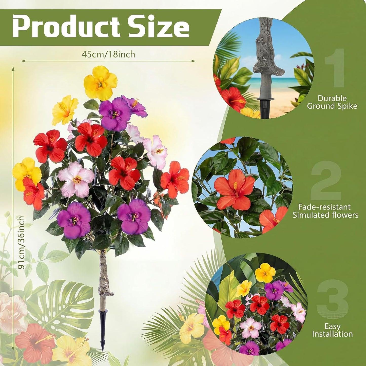 2 Pack 36" Artificial Hibiscus Tree Plants 3ft Faux Hibiscus Flowers with Spike UV Resistant Fake Floral Blooming Bush for Indoor Outdoor Front Door Porch Backyard Garden(Red)