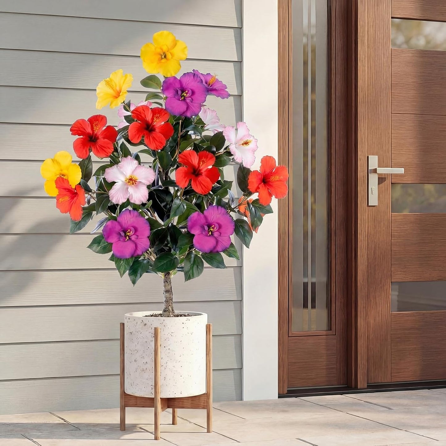2 Pack 36" Artificial Hibiscus Tree Plants 3ft Faux Hibiscus Flowers with Spike UV Resistant Fake Floral Blooming Bush for Indoor Outdoor Front Door Porch Backyard Garden(Red)