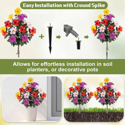 2 Pack 36" Artificial Hibiscus Tree Plants 3ft Faux Hibiscus Flowers with Spike UV Resistant Fake Floral Blooming Bush for Indoor Outdoor Front Door Porch Backyard Garden(Red)