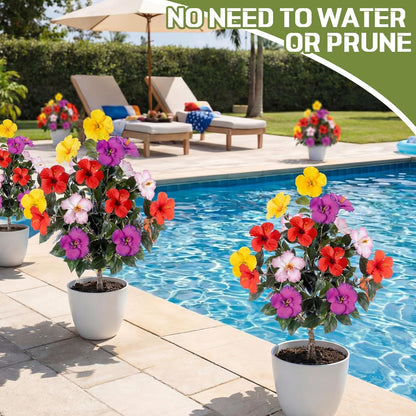 2 Pack 36" Artificial Hibiscus Tree Plants 3ft Faux Hibiscus Flowers with Spike UV Resistant Fake Floral Blooming Bush for Indoor Outdoor Front Door Porch Backyard Garden(Red)