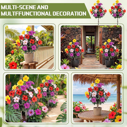 2 Pack 36" Artificial Hibiscus Tree Plants 3ft Faux Hibiscus Flowers with Spike UV Resistant Fake Floral Blooming Bush for Indoor Outdoor Front Door Porch Backyard Garden(Red)